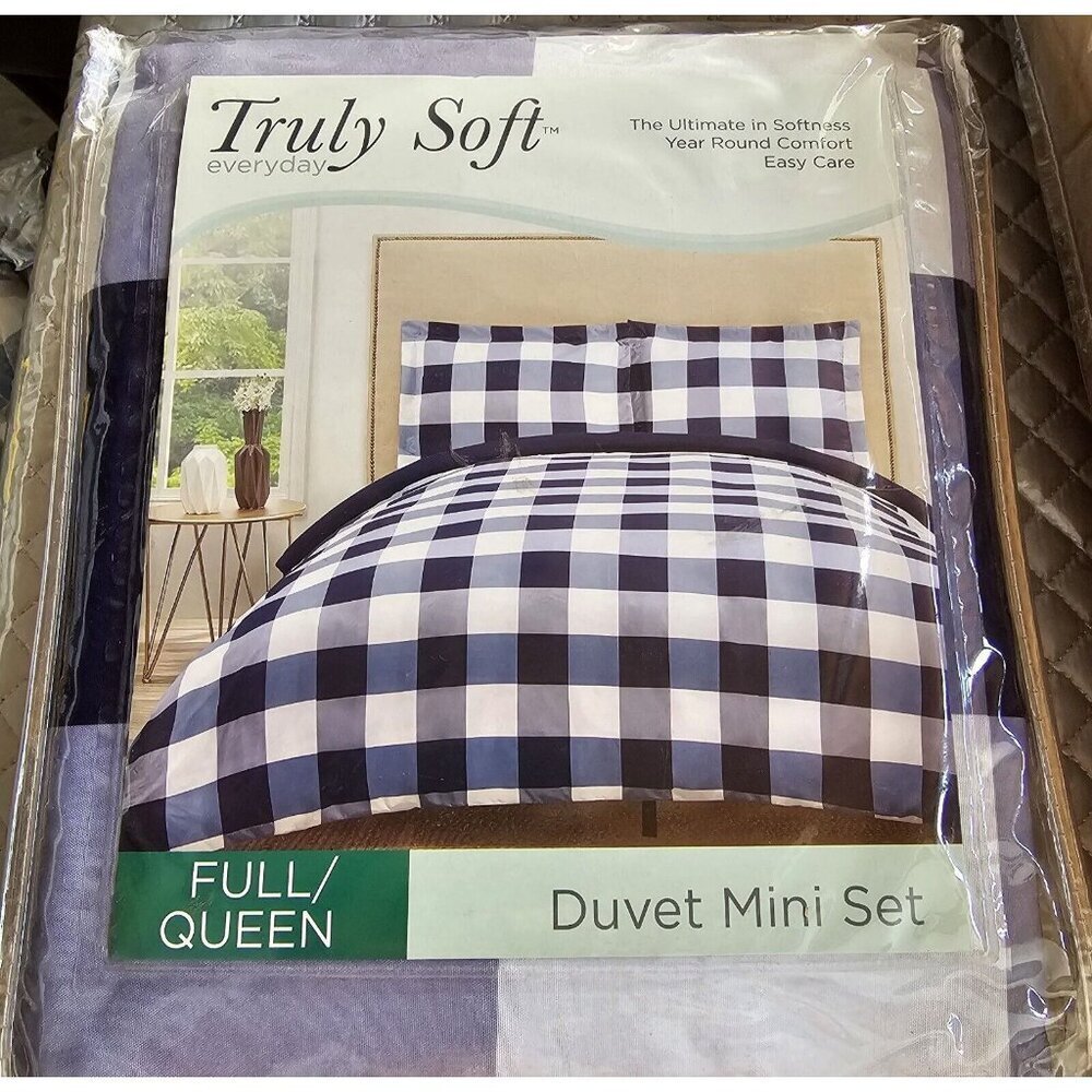 NIP Truly Soft Everyday Blue Buffalo Plaid Duvet Mini Set Size Full/Queen 3Pcs